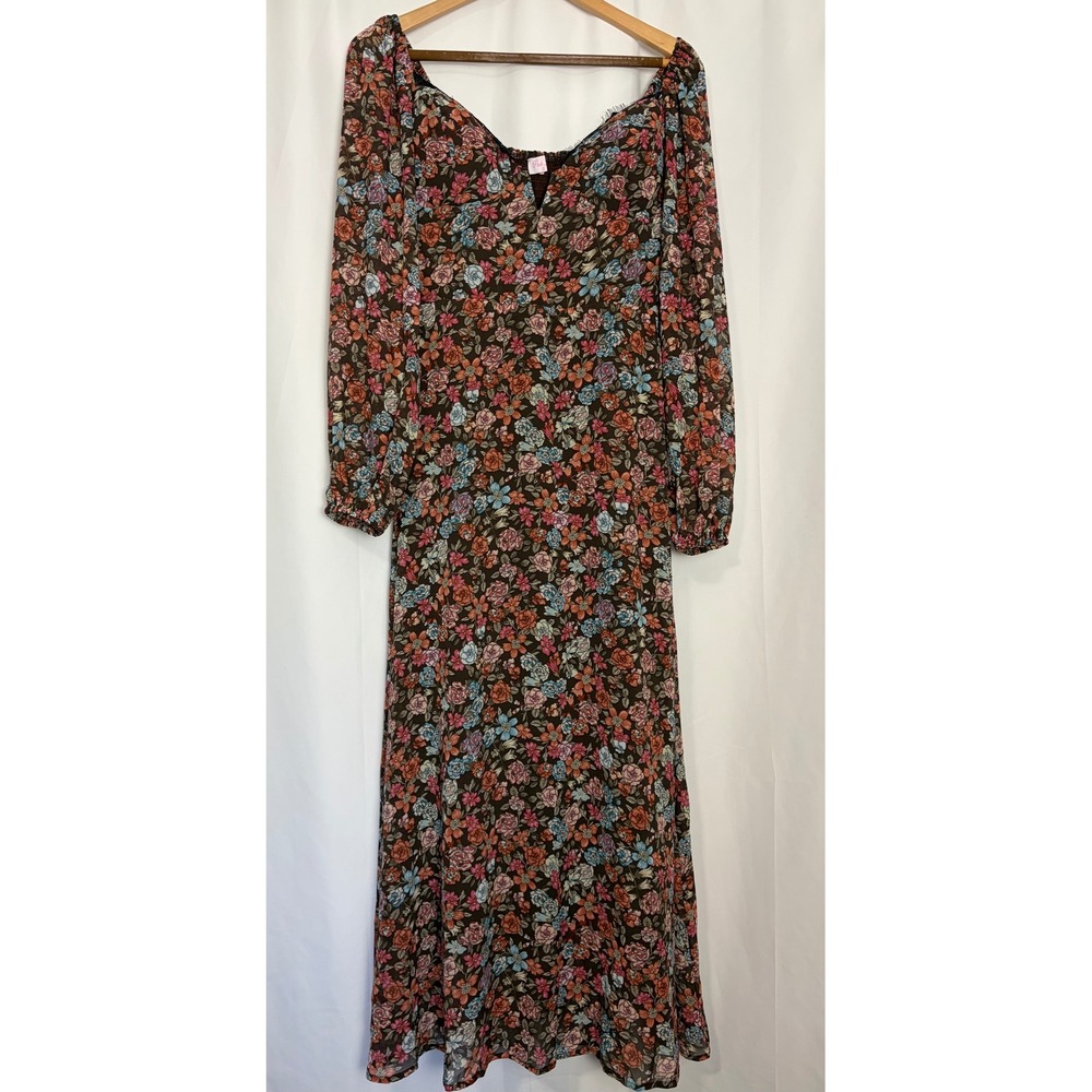 Brown Floral Maxi Dress Long Sleeve Lace Trim Cottagecore Small Fall